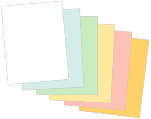 Carbonless paper in 1, 2, 3, 4, 5, 6 + Part in white, blue, green, yellow, pink and orange.